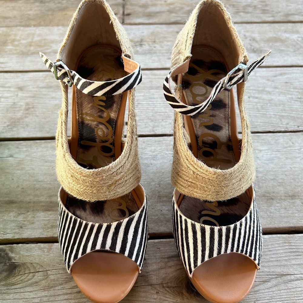 Sam Edelman Wedge Platform Espadrille Black/White Zebra Stripe Sandals Woman’s 9